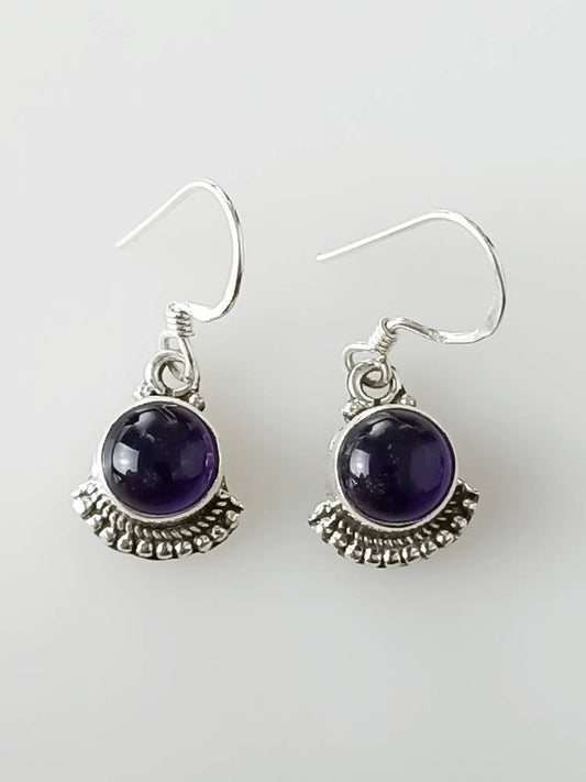 Round AMETHYST SOLID 925 Oxidized SILVER bohemian Frill Earrings, Purple gems, Aquarius Zodiac & February birthstone gift, Australia, Zorbajewellers