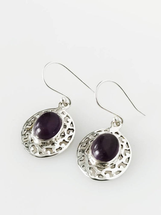 Oval AMETHYST Gems SOLID 925 SILVER Big Boho Drop Earrings, Silver Mesh Oval Earrings, Aquarius Zodiac February Birthstone Gift, Australia, Zorbajewellers