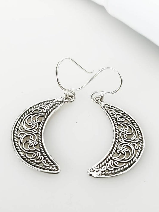 Oxidized Style SOLID 925 Sterling SILVER Moon Shaped FILIGREE Style Earrings, Rustic Moon Shaped Dangle/Drop Silver Earrings Gift, Australia, Zorbajewellers