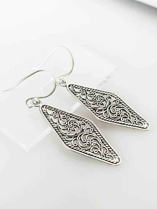 Oxidized Style SOLID 925 Sterling SILVER FILIGREE Pattern Rectangle Earrings, Rustic Design Rhombus/Parallelogram Silver Earrings, Australia, Zorbajewellers