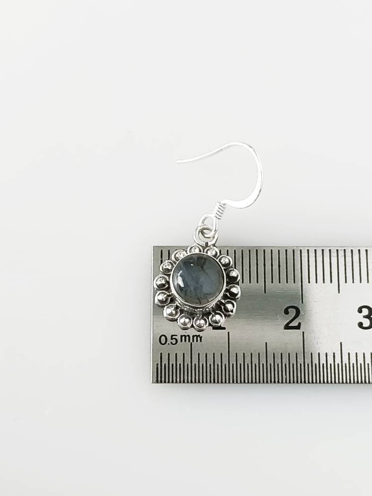 LABRADORITE Gems 925  Oxidized SILVER BEADS earrings, Round Gray Labradorite Gems Silver Earrings, Green Blue Gray Gems Earrings, Australia, Zorbajewellers