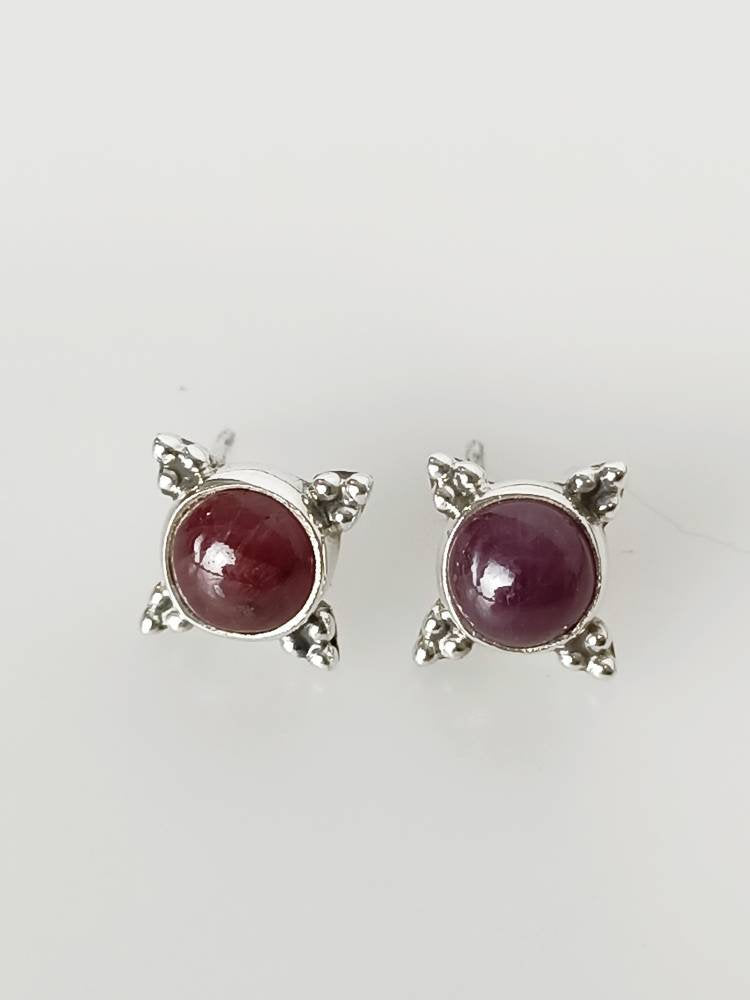 Round RUBY SOLID 925 SILVER Bohemian Stud Earrings, Ruby Sterling Silver Boho Ethnic Stud Earrings, Cancer Zodiac July Birthstone, Australia, Zorbajewellers