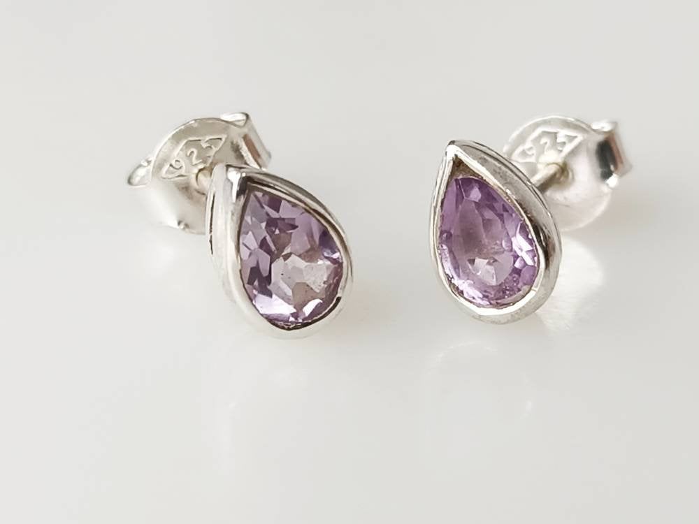 Purple Amethyst Teardrop Sterling Silver Stud Earrings, Minimalist Earrings, Aquarius Birthstone, Feb Birthday Gift, Silver Studs Australia, Zorbajewellers