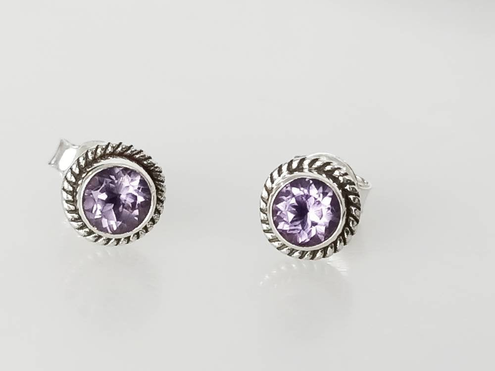 Round Purple Amethyst Studs, Purple Gemstone Sterling Silver Earrings, Minimalist, Birthstone, February gift, Purple color studs Australia, Zorbajewellers