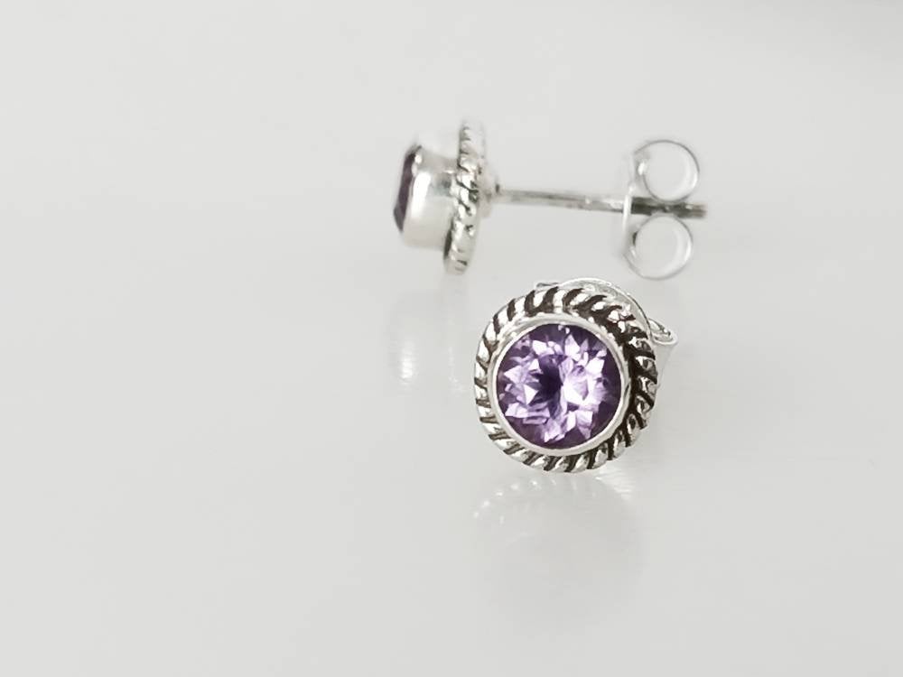Round Purple Amethyst Studs, Purple Gemstone Sterling Silver Earrings, Minimalist, Birthstone, February gift, Purple color studs Australia, Zorbajewellers