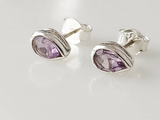 Purple Amethyst Teardrop Sterling Silver Stud Earrings, Minimalist Earrings, Aquarius Birthstone, Feb Birthday Gift, Silver Studs Australia, Zorbajewellers
