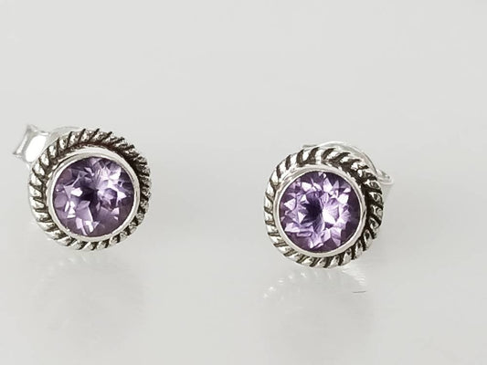 Round Purple Amethyst Studs, Purple Gemstone Sterling Silver Earrings, Minimalist, Birthstone, February gift, Purple color studs Australia, Zorbajewellers