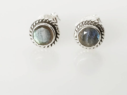 Genuine LABRADORITE Gems SOLID 925 Oxidized SILVER  Bohemian Stud Earrings, Round Shaped Cut Labradorite Sterling Silver Earrings, Australia, Zorbajewellers