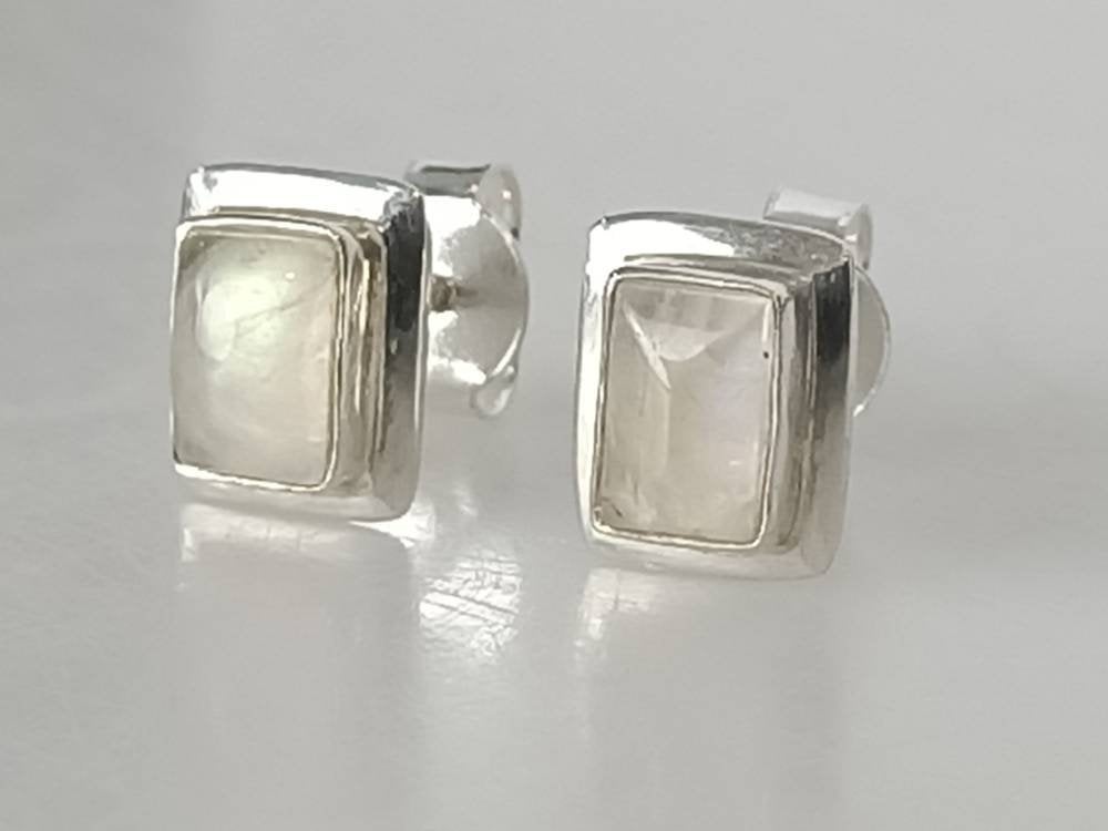 Genuine MOONSTONE Gems SOLID 925 SILVER Rectangle Stud Earrings, Opaque White Sterling Silver, June Birthstone Cancer Zodiac Gift, Australia, Zorbajewellers