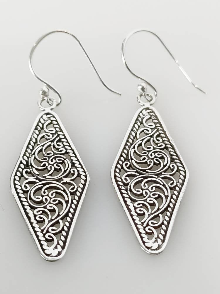 Oxidized Style SOLID 925 Sterling SILVER FILIGREE Pattern Rectangle Earrings, Rustic Design Rhombus/Parallelogram Silver Earrings, Australia, Zorbajewellers