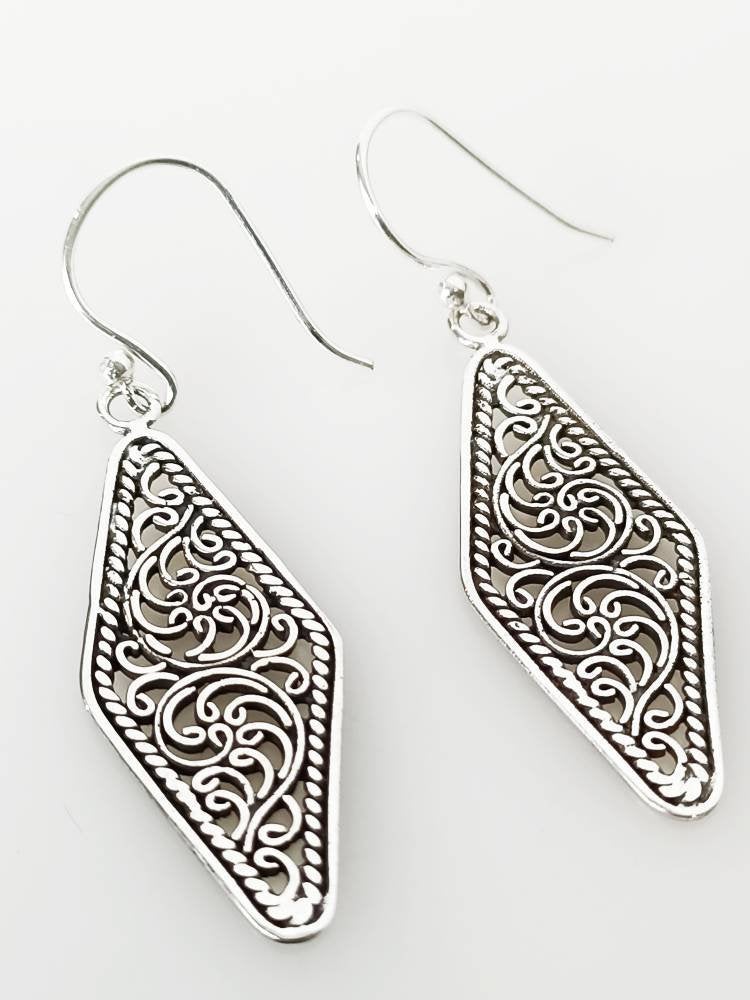 Oxidized Style SOLID 925 Sterling SILVER FILIGREE Pattern Rectangle Earrings, Rustic Design Rhombus/Parallelogram Silver Earrings, Australia, Zorbajewellers