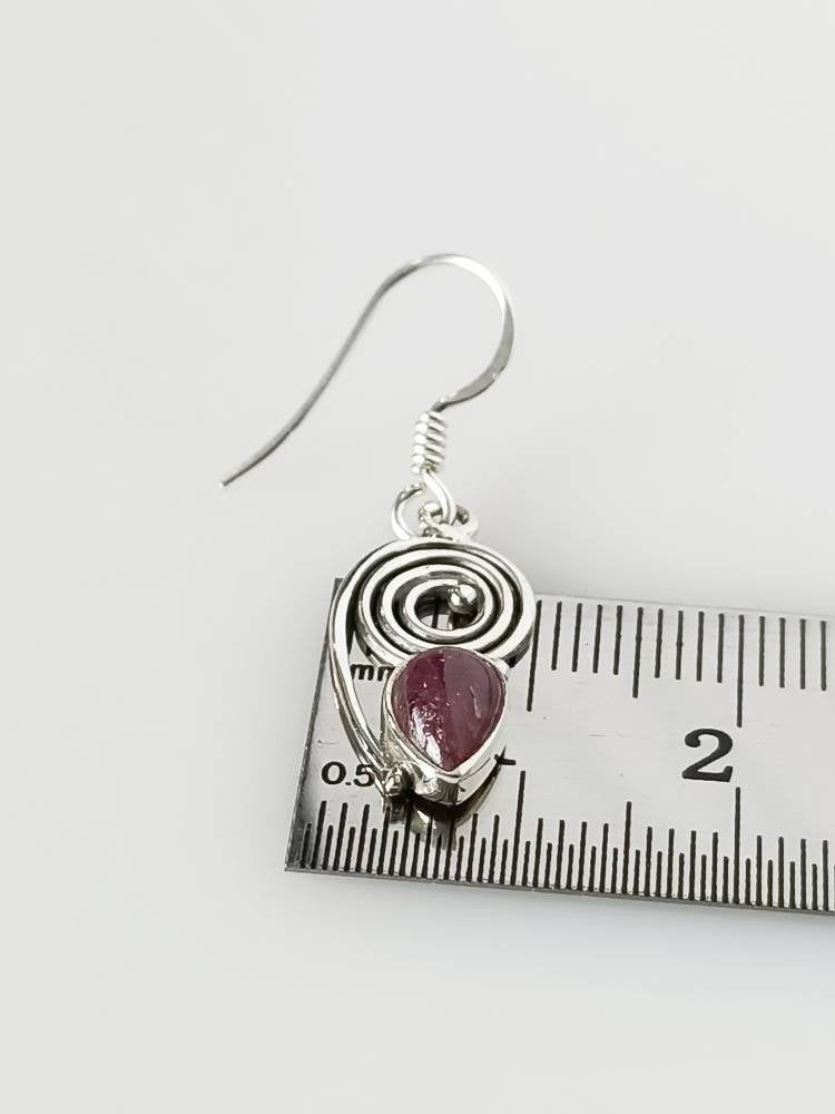 Teardrop/Leaf Shaped RUBY Solid 925 Silver Wire Twirl Earrings, Red Ruby Silver Drop Earrings, Cancer Zodiac July birthstone gift, Australia, Zorbajewellers