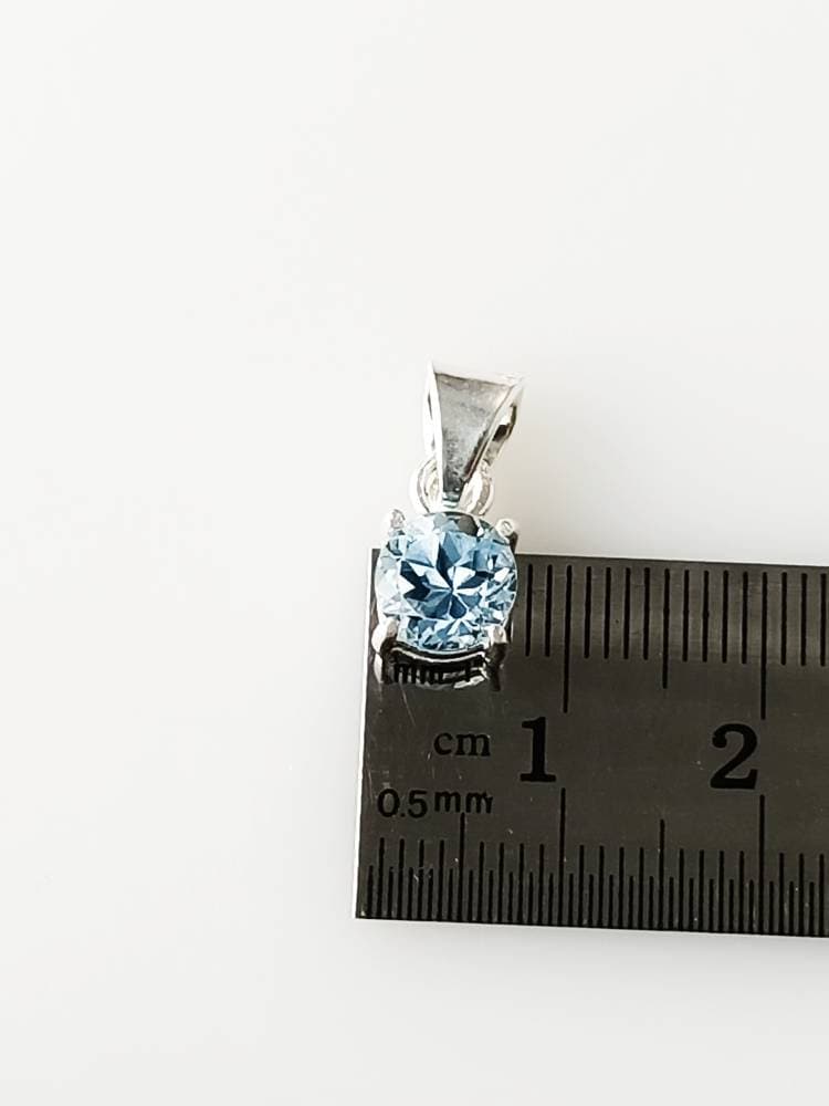 Minimalist Cut-Stone Round Blue Topaz Solid 925 Silver Prong Set Pendant, Simple Pendant, Sagittarius Zodiac December Birthstone, Australia, Zorbajewellers