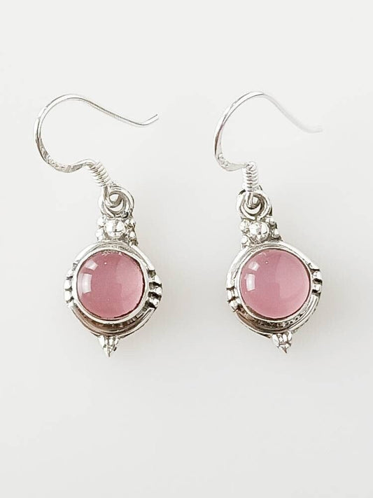 Genuine Pink Rose QUARTZ Gems 925 SILVER Round Shaped Boho Earrings, Pink Gems Bohemian Earring, Taurus Zodiac January birthstone, Australia, Zorbajewellers