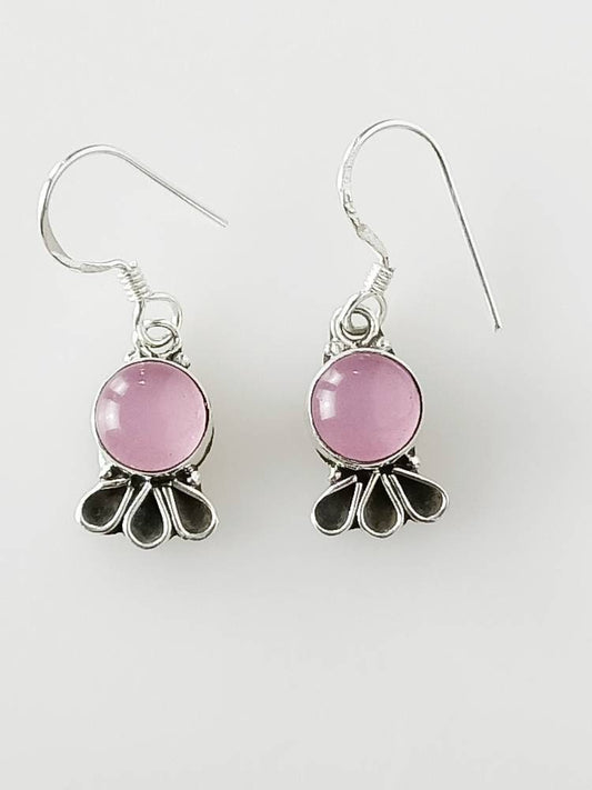 Genuine Pink Rose QUARTZ Round Gems 925 Oxidized SILVER Frill Boho Earrings, Pink Gems Boho Earrings, Taurus January birthstone, Australia, Zorbajewellers