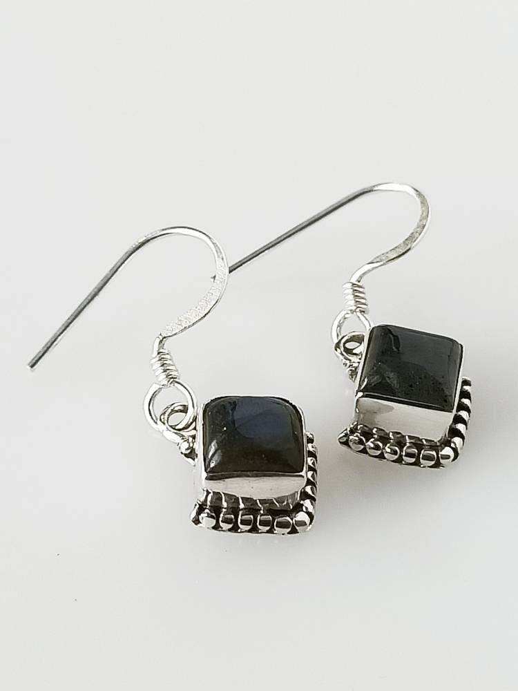 LABRADORITE Gemstones SOLID 925 Oxidized SILVER square Shaped Boho Earrings, Grey Labradorite Gems Silver Earrings, Green Gems, Australia, Zorbajewellers