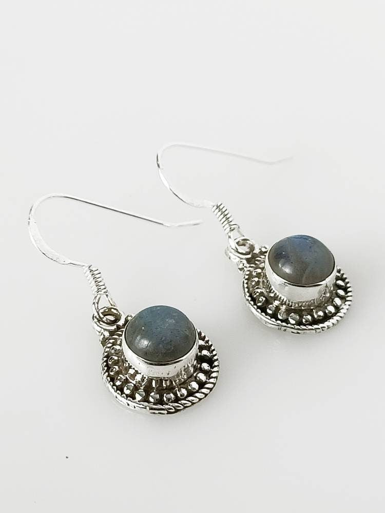 Genuine LABRADORITE Gems 925 Oxidized  Silver Dots Earrings, Round Gray Labradorite Gems Silver Earrings, Green Blue Gray Gems, Australia, Zorbajewellers