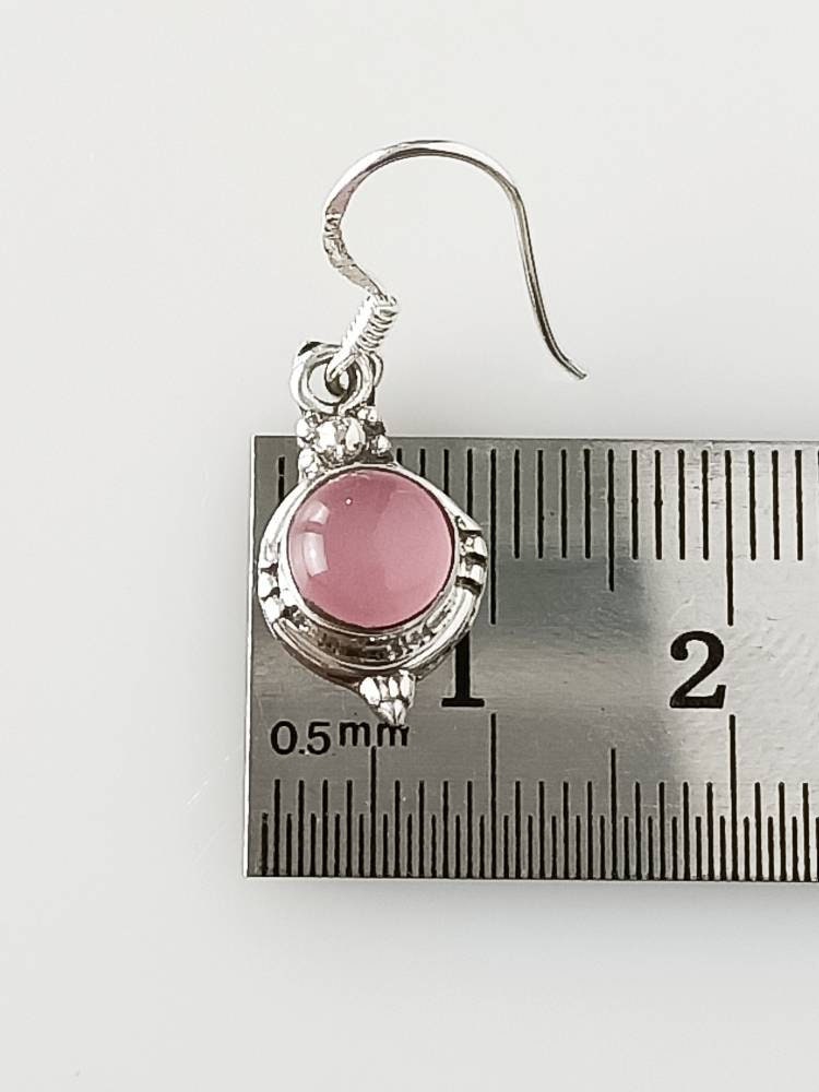 Genuine Pink Rose QUARTZ Gems 925 SILVER Round Shaped Boho Earrings, Pink Gems Bohemian Earring, Taurus Zodiac January birthstone, Australia, Zorbajewellers