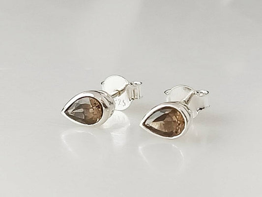 Pear/Tear-drop/Leaf shape natural brown smoky QUARTZ GEMS 925 SILVER Stud Earrings, Minimalist design, brown gems stud earrings , Australia, Zorbajewellers