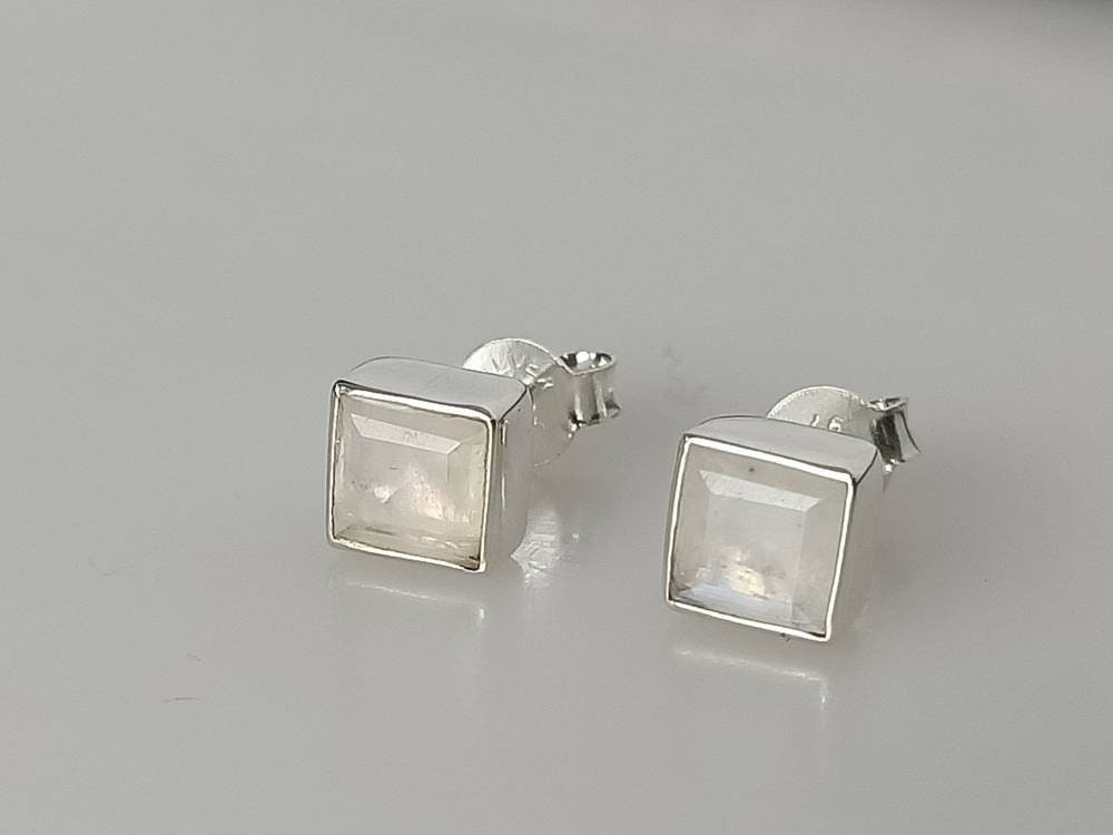 Genuine MOONSTONE Square Gems SOLID 925 SILVER Minimalist Stud Earrings, Simple White Studs, June Birthstone & Cancer Zodiac Gift, Australia, Zorbajewellers