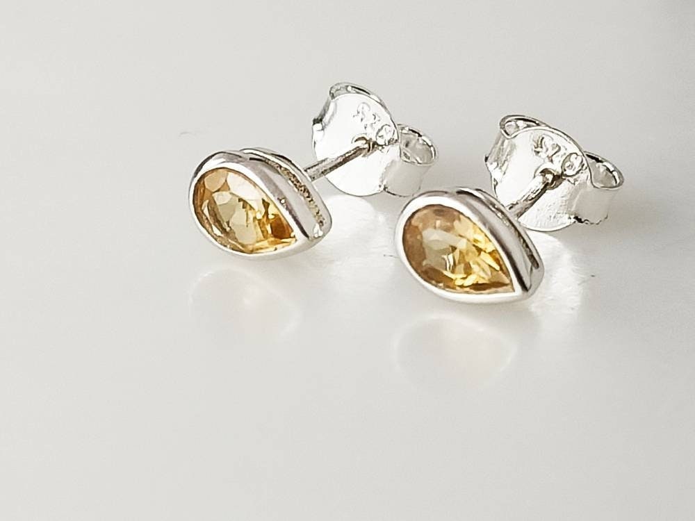 Genuine CITRINE Gems SOLID 925 Sterling SILVER Pear/ Tear-drop/ Leaf Shape Stud Earrings, November Birthstone Cancer Zodiac gift, Australia, Zorbajewellers