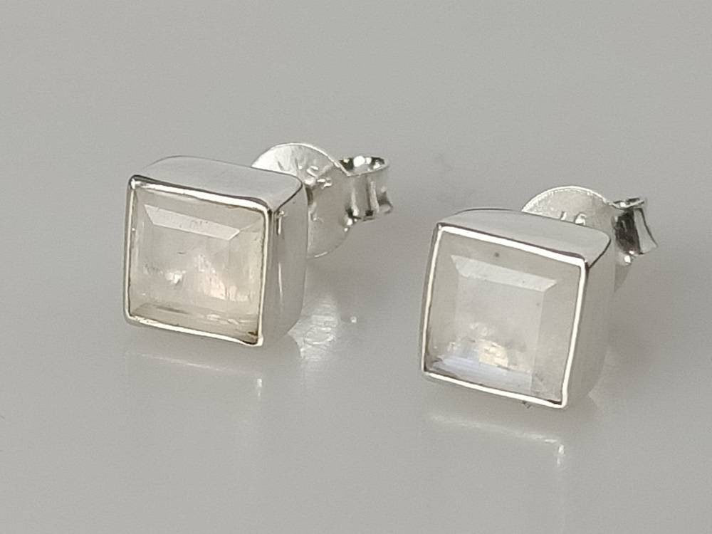 Genuine MOONSTONE Square Gems SOLID 925 SILVER Minimalist Stud Earrings, Simple White Studs, June Birthstone & Cancer Zodiac Gift, Australia, Zorbajewellers