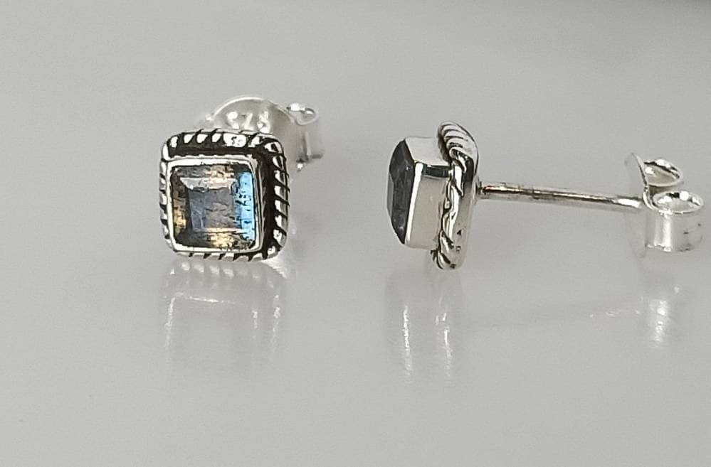 Genuine LABRADORITE Gems Solid 925 Oxidized SILVER Square Boho Stud Earrings, Grey Green Blue Gems Bohemian Rustic Silver Studs, Australia, Zorbajewellers