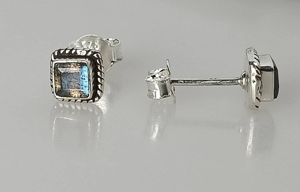 Genuine LABRADORITE Gems Solid 925 Oxidized SILVER Square Boho Stud Earrings, Grey Green Blue Gems Bohemian Rustic Silver Studs, Australia, Zorbajewellers