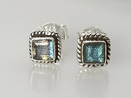 Genuine LABRADORITE Gems Solid 925 Oxidized SILVER Square Boho Stud Earrings, Grey Green Blue Gems Bohemian Rustic Silver Studs, Australia, Zorbajewellers