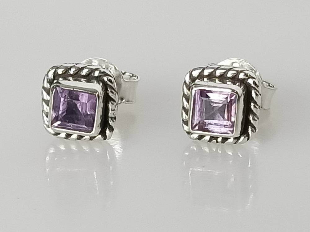 Genuine SQUARE AMETHYST Gems SOLID 925 Oxidized Silver Bohemian Stud Earrings, purple studs, Aquarius Zodiac February Birthstone, Australia, Zorbajewellers