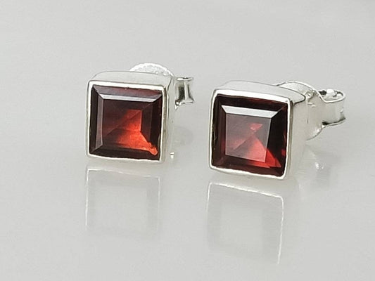 Genuine Red GARNET Square GEMS 925 SILVER Stud Earrings, Square Red Garnet Stud Earrings, Capricorn Zodiac January Birthstone, Australia, Zorbajewellers