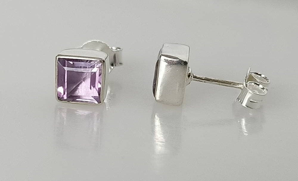 Square AMETHYST Gems SOLID 925 Sterling Silver Stud Earrings, Simple purple stud earrings, Aquarius Zodiac February Birthstone, Australia, Zorbajewellers