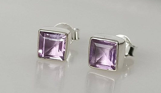 Square AMETHYST Gems SOLID 925 Sterling Silver Stud Earrings, Simple purple stud earrings, Aquarius Zodiac February Birthstone, Australia, Zorbajewellers