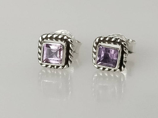 Genuine SQUARE AMETHYST Gems SOLID 925 Oxidized Silver Bohemian Stud Earrings, purple studs, Aquarius Zodiac February Birthstone, Australia, Zorbajewellers