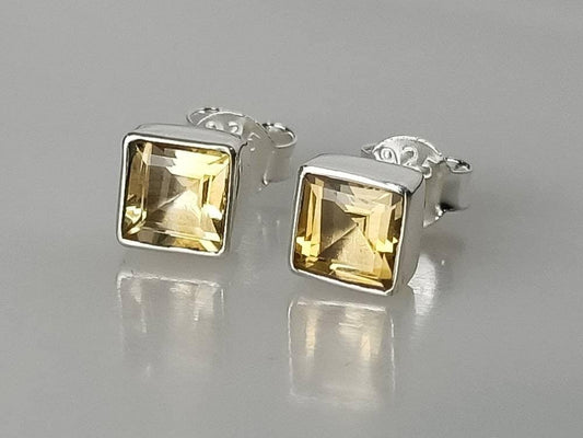 Genuine Citrine Gems Solid 925 Sterling SILVER Square Stud Earrings, Yellow gems 925 silver earrings, November birthstone, gift, Australia, Zorbajewellers