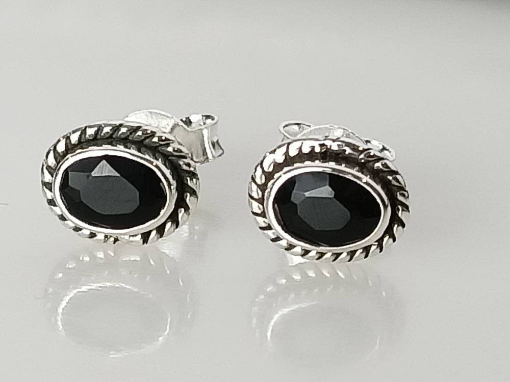Genuine Black ONYX Gemstones Solid 925 Oxidized SILVER Oval Bohemian Stud Earrings, Black Stud, Leo Zodiac December Birthstone, Australia, Zorbajewellers