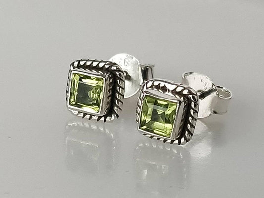 Genuine PERIDOT Gemstones Solid 925 OXIDIZED SILVER Bohemian Square Stud Earrings, Olive Green Cushion Cut  Peridot Stud Earrings, Australia, Zorbajewellers