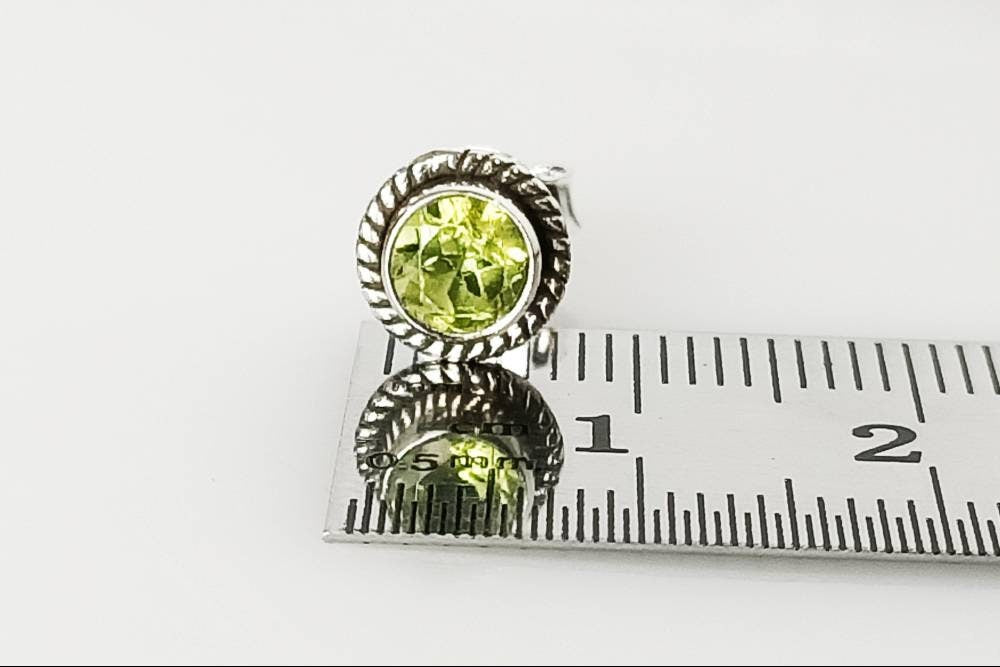 Genuine PERIDOT Gemstones Solid 925 OXIDIZED SILVER Bohemian Round Stud Earrings, Olive Green Cushion Cut Peridot Stud Earrings, Australia, Zorbajewellers