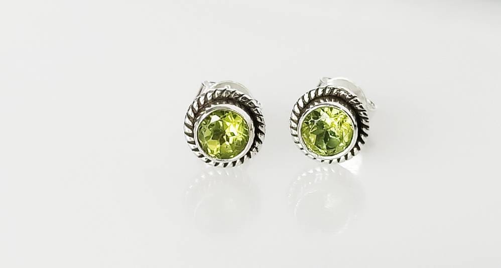 Genuine PERIDOT Gemstones Solid 925 OXIDIZED SILVER Bohemian Round Stud Earrings, Olive Green Cushion Cut Peridot Stud Earrings, Australia, Zorbajewellers
