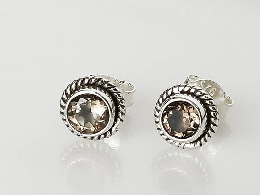 Round shaped cut-stone natural brown smoky quartz Oxidized 925 Silver Stud Earrings , Bohemian Oxidized Silver Round Stud Earrings Australia, Zorbajewellers