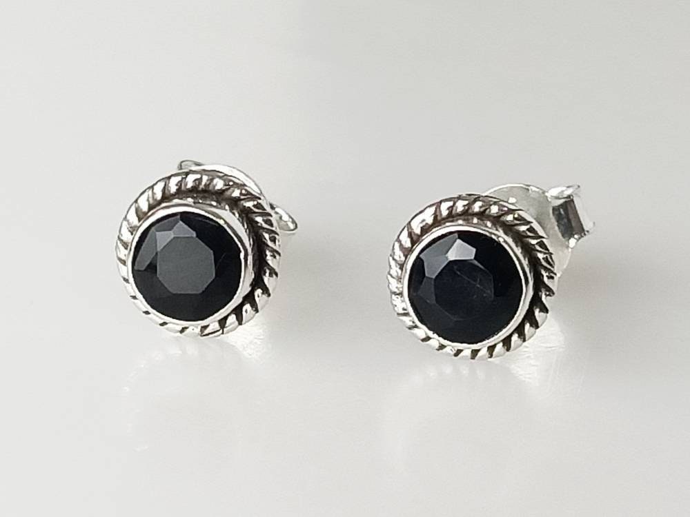 Genuine Black ONYX Gemstones Solid 925 Oxidized SILVER Round Bohemian Stud Earrings, Black Stud, Leo Zodiac December Birthstone, Australia, Zorbajewellers