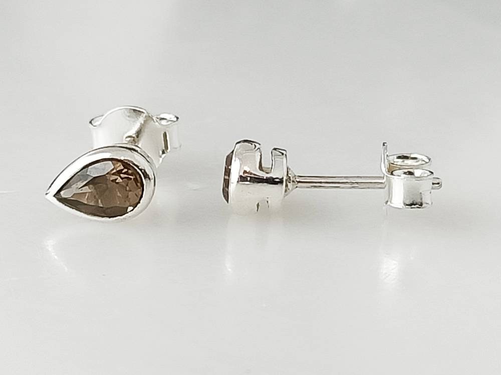 Pear/Tear-drop/Leaf shape natural brown smoky QUARTZ GEMS 925 SILVER Stud Earrings, Minimalist design, brown gems stud earrings , Australia, Zorbajewellers