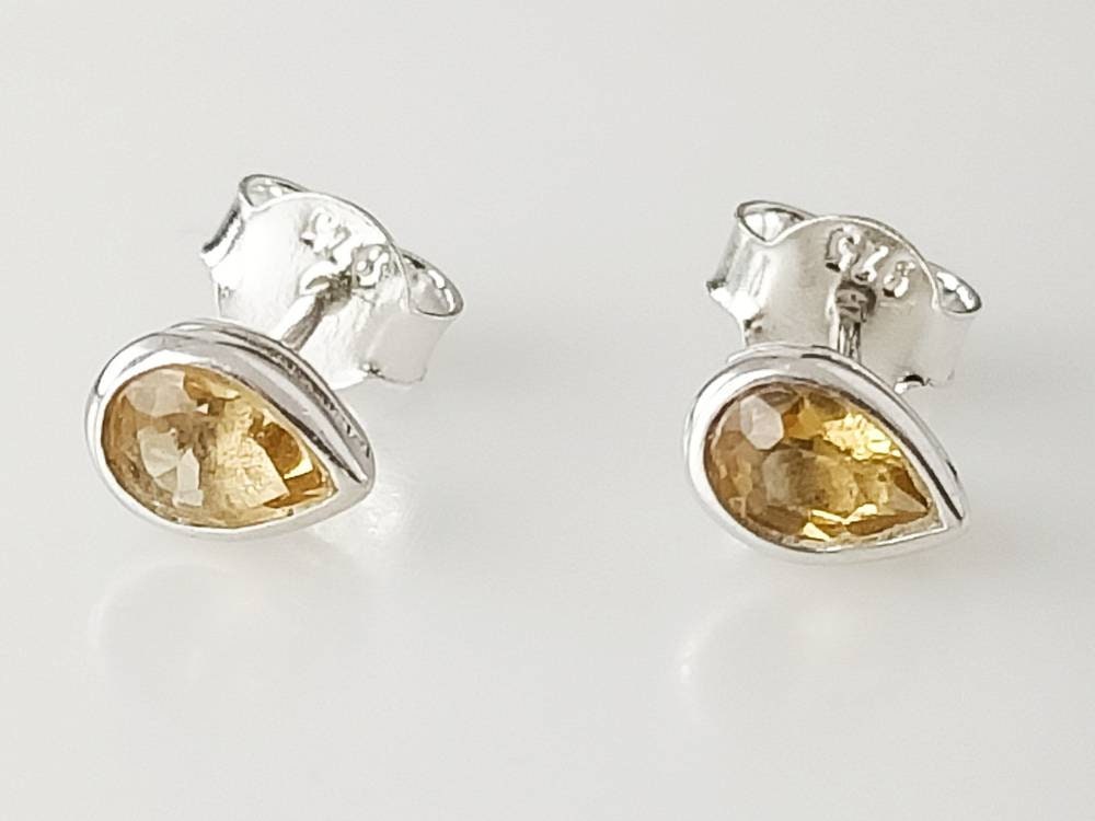 Genuine CITRINE Gems SOLID 925 Sterling SILVER Pear/ Tear-drop/ Leaf Shape Stud Earrings, November Birthstone Cancer Zodiac gift, Australia, Zorbajewellers