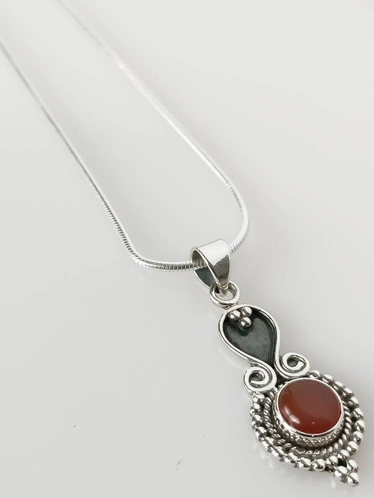 Genuine CARNELIAN Gem SOLID 925 Oxidized SILVER Bohemian Pendant, Rustic Silver Carnelian Pendant, Virgo Zodiac August Birthstone, Australia, Zorbajewellers