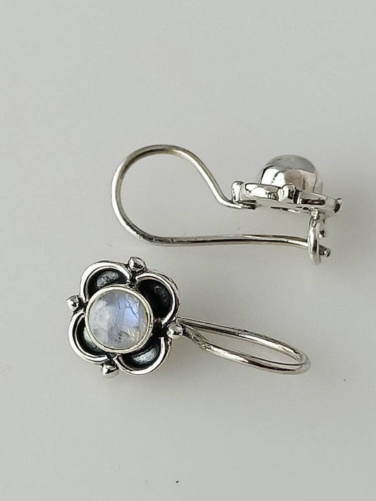 Genuine MOONSTONE gems oxidized 925 SILVER Flower Latch-back earrings, Spring flower earring Cancer Zodiac & July birthstone gift, Australia, Zorbajewellers