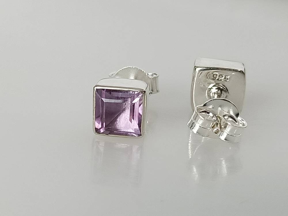 Square AMETHYST Gems SOLID 925 Sterling Silver Stud Earrings, Simple purple stud earrings, Aquarius Zodiac February Birthstone, Australia, Zorbajewellers