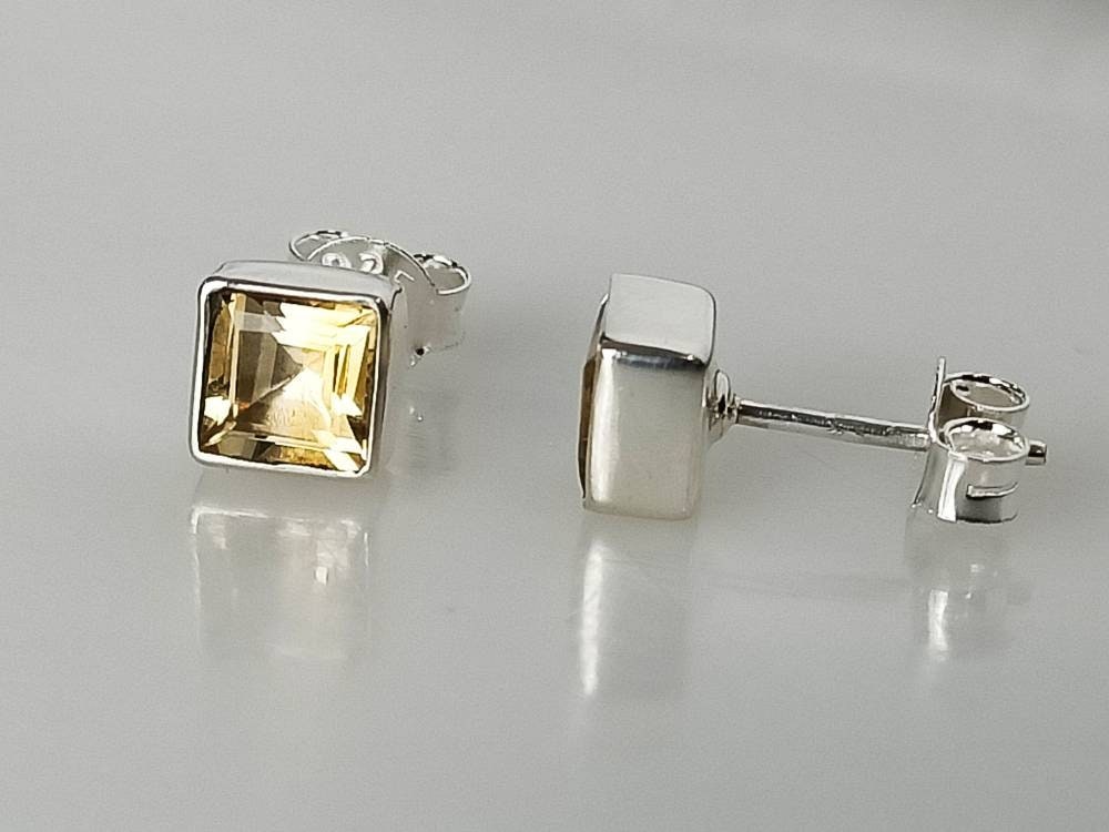Genuine Citrine Gems Solid 925 Sterling SILVER Square Stud Earrings, Yellow gems 925 silver earrings, November birthstone, gift, Australia, Zorbajewellers