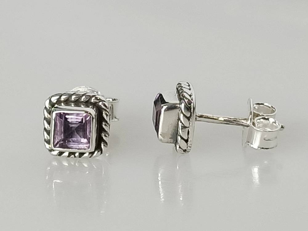 Genuine SQUARE AMETHYST Gems SOLID 925 Oxidized Silver Bohemian Stud Earrings, purple studs, Aquarius Zodiac February Birthstone, Australia, Zorbajewellers