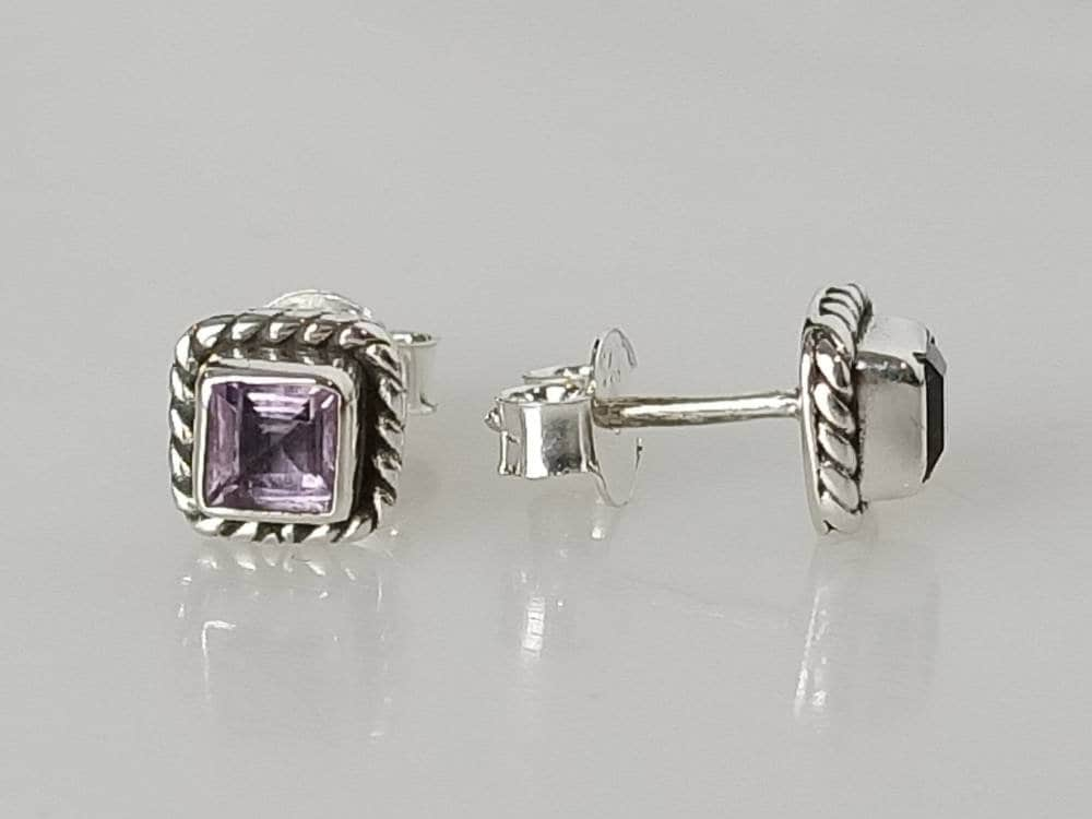 Genuine SQUARE AMETHYST Gems SOLID 925 Oxidized Silver Bohemian Stud Earrings, purple studs, Aquarius Zodiac February Birthstone, Australia, Zorbajewellers