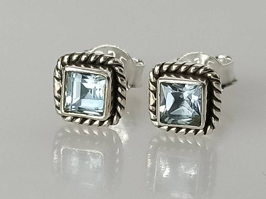 Genuine Blue TOPAZ Cushion Cut Gems 925 Oxidized SILVER Square Stud Earrings, Sagittarius Zodiac December Birthstone Boho Studs, Australia, Zorbajewellers